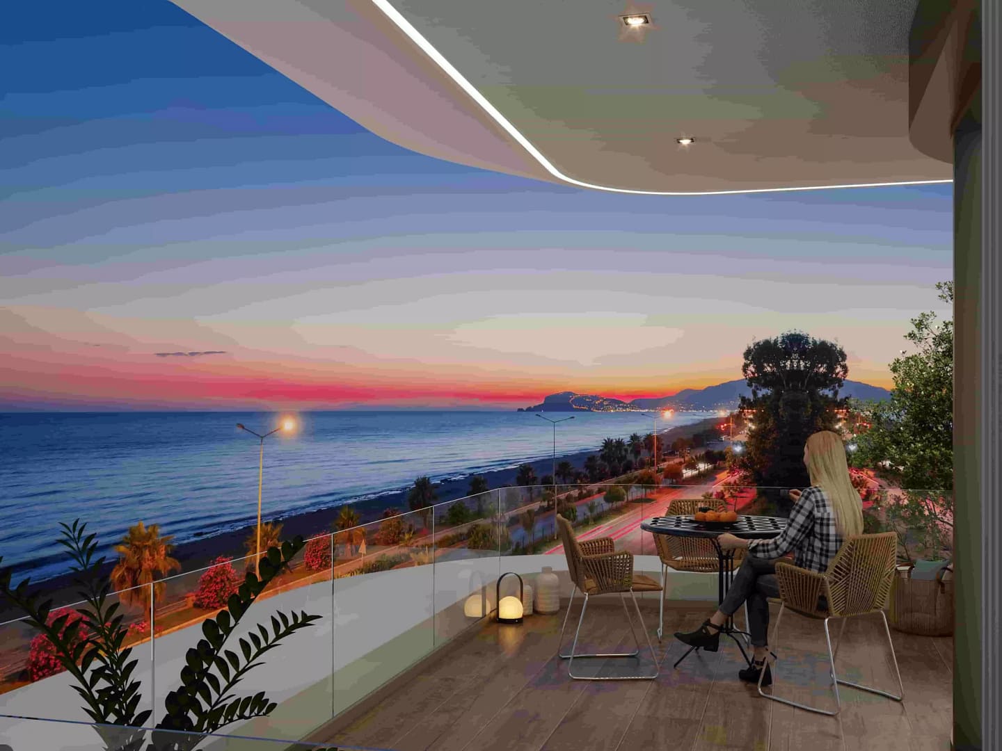 Balkon mit Blick auf das Meer und Alanya am Abend