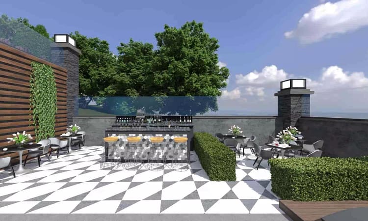 outdoor bar and seating area